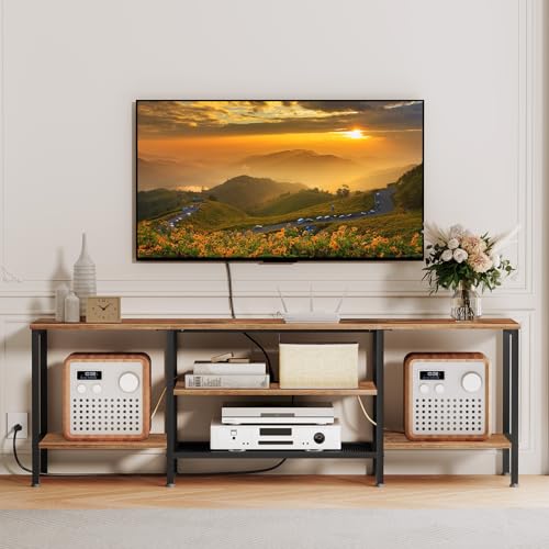 63 Inch Rustic Brown & Black TV Stand with Power Outlets - Open Storage Shelves