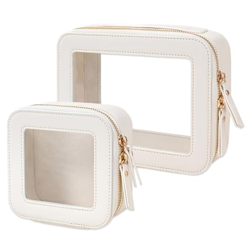 Clear Makeup Bag Organizer Set,Portable Travel Toiletry Case for Women, Vegan Leather Cosmetic Pouch Car Bag for Essentials 2pcs,Middle & Large,Beige