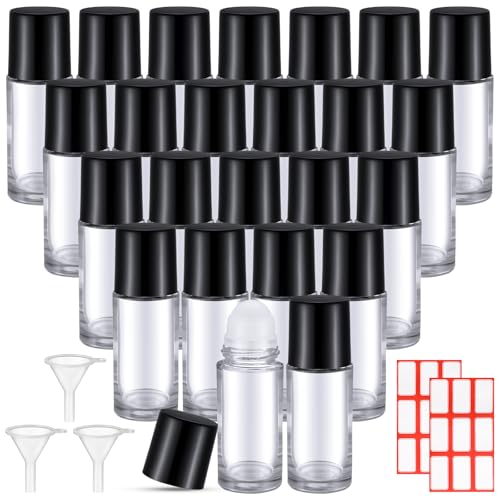Sumind 24 Essential Oil Roller Bottles Glass Deodorant Bottle Roller Ball Container Empty Refillable Rollerball Bottle with Plastic Balls, Funnel and Sticker(30 ml,Clear)