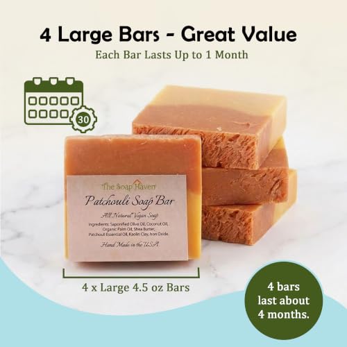 Natural Patchouli Soap Bar - Handmade, 4 Large 4.5 Oz Bars, USA