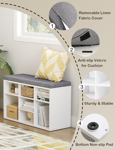 White Shoe Storage Bench with Cushion, 31.5-Inch Cubby Shoe Rack, 9 Cubbies - DINZI LVJ