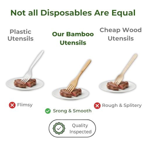 Pre-Wrapped Bamboo Cutlery Set – 100 Pack Disposable Utensils with Napkins – Forks, Knives, Spoons – Eco-Friendly Party & Wedding Supplies