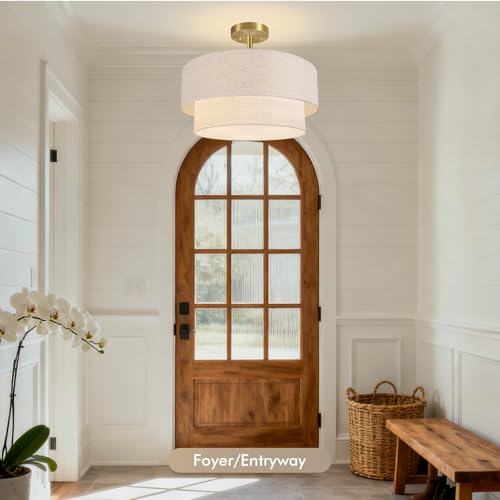 Semi Flush Ceiling Light 16.5'' with Linen Shade - Gold & Beige Variation
