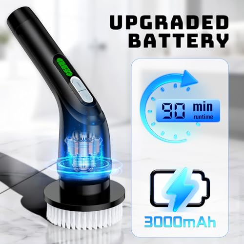 Electric Spin Scrubber, Powerful 2-Speed Cleaning Brush, IPX7 Waterproof with 7 Reusable Brush Heads & Extendable Handle, for Bathroom Toilet Shower Kitchen Wall Tile Floor Grout (Black)