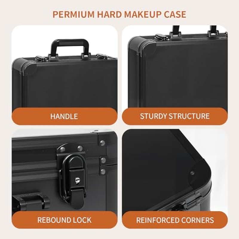 15"x11" Makeup Case with Lighted Mirror & Brush Holder - Waterproof Travel Organizer, Customizable Storage, Rechargeable LED Vanity for Women (black)