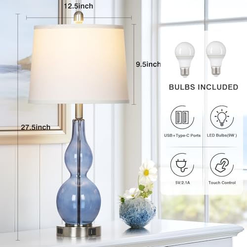 Blue Coastal Glass Double Gourd Table Lamp Set of 2 - Nautical Nightstand Lamps with USB & Outlets, Dimmable Touch Control, 27.5"