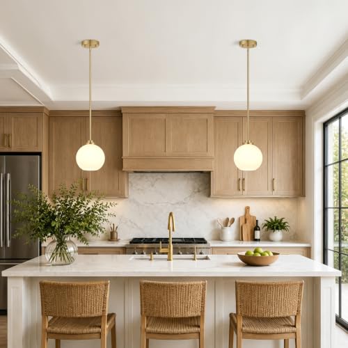 2 Pack Brushed Gold Globe Pendant Lights with Milky White Glass - Adjustable Kitchen Island Lights