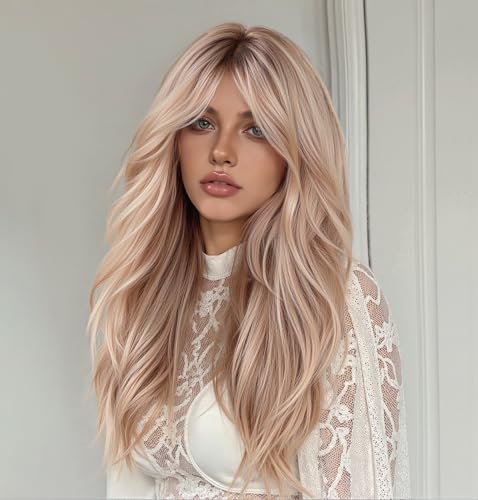 Rose Gold Layered Wavy Long Wig 22 Inch with Bangs for Women - Synthetic, Heat-Resistant, Glueless Style (Variation #9OR22)