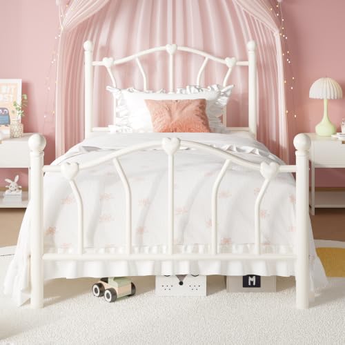 Twin Metal Bed Frame with Heart-Shaped Design - Cream White, Includes Storage and Noise Reduction - SHA CERLIN