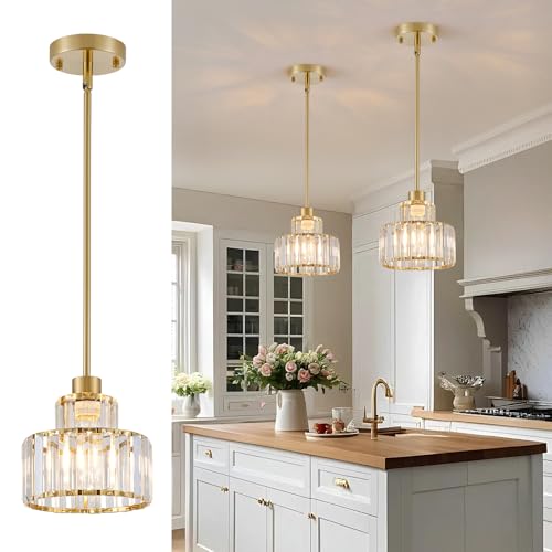 Gold Clear Pendant Lights 2 Pack - Adjustable Brass Modern Kitchen Island Fixtures