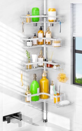 White 4-Tier Corner Shower Caddy - Tension Pole Bathroom Organizer, No Tools Needed