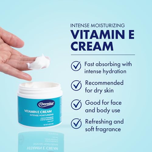 Dermisa Vitamin E Cream with Cocoa Butter, Collagen, Elastin and Coenzyme Q10, Intense Moisturizer for Dry and Aging Skin, Hydrating Face and Body Cream