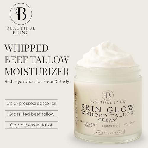 SKIN GLOW - Grass-Fed Whipped Beef Tallow Moisturizer for Face & Body, Dry + Sensitive Skin Relief, Non-Toxic, Ancestral Skincare - Castor Oil Infused (PEPPERMINT, 2oz)
