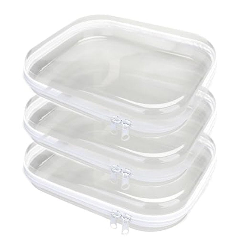 3PCS Clear Hard Plastic Zipper Case, Double Zippers Hard Pouch, Portable Travel Organizer Bin Clear Makeup Bag for Toy Storage, Snack Bag, Cosmetics, Pencil Case, Diaper Bag, Toiletry Bag (3PCS-M)