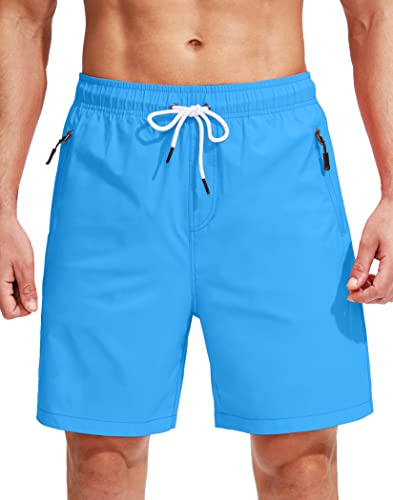 Men's 7 Inch Quick Dry Swim Trunks - Large Blue Board Shorts with Pockets