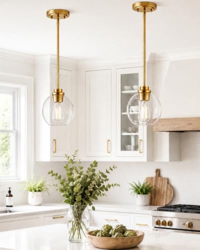 Brass Pendant Lights for Kitchen Island 2 Pack - Clear Glass Globe Shade, Gold Finish, 7 Inch, Farmhouse Style