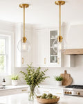Brass Pendant Lights for Kitchen Island 2 Pack - Clear Glass Globe Shade, Gold Finish, 7 Inch, Farmhouse Style