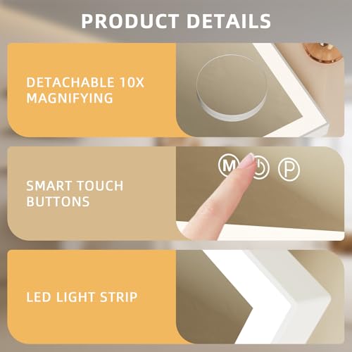 FENCHILIN Vanity Mirror with Lights 11.8" x 9.8",Lighted Makeup Mirror and Hollywood Mirror with Smart Touch Control 3 Colors Dimmable LED Light, 360¡ÆRotation 10X Magnification(White)