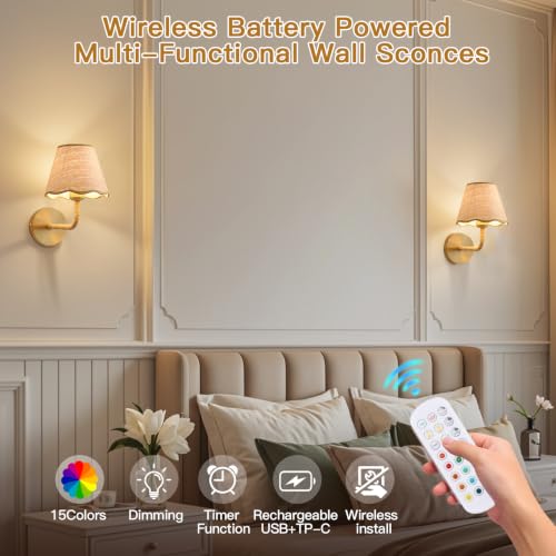 2 Pack Battery Operated Rattan Wall Sconces for Bedroom Living Room – Handcrafted Boho Wall Lights with Remote Control
