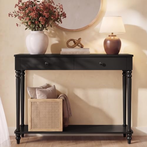 VASAGLE 39.3-Inch Console Table with Solid Wood Legs - Ink Black, Narrow Entryway Sofa Table, 11.8" Deep