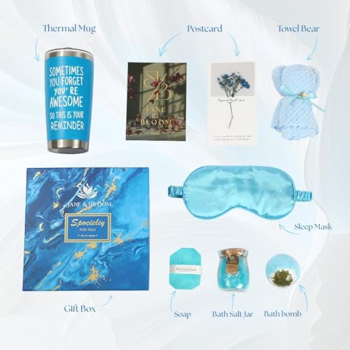 Spa Gift Box for Women ? 7-Piece Self-Care Set with Bath Bomb, Diamond Soap, Facial Towel, Gold Sleep Mask, Thermal Mug & More ? Cheerful Gift for Her, Birthday, Get Well (Standard, Ocean Blue)