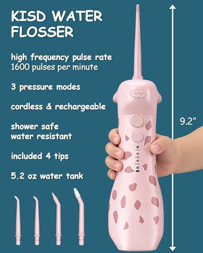 Pink Kids Water Flosser & Electric Toothbrush Combo for Ages 6-12 - Braces-Friendly Giraffe & Monkey Design