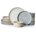 Famiware Star Stoneware Dinnerware Set for 4 - Reactive Glaze Plates & Bowls, Cappuccino & Smoky Blue, 12 Pieces