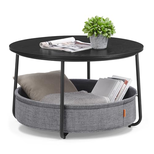 VASAGLE Round Coffee Table with Storage - Ink Black + Slate Gray