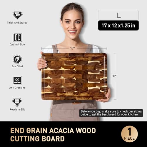 End Grain Acacia Wood Cutting Board 17" x 12" with Non-Slip Feet - Socisen