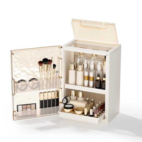 Makeup Organizer with Drawers,Skincare Organizer for Vanity,Large Cosmetic Display Case with Handle,Storage Organizers with Cover and Makeup Brush Holder for Dresser, Bathroom Countertop