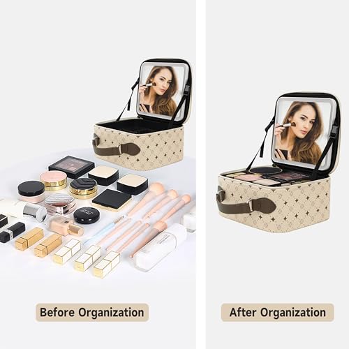 Travel Makeup Bag With 360¡Æ rotating LED Mirror,Waterproof cosmetic organizer,Portability Cosmetic case,Makeup organizer,Gift for Women,Girls Gift (Beige + Brown)