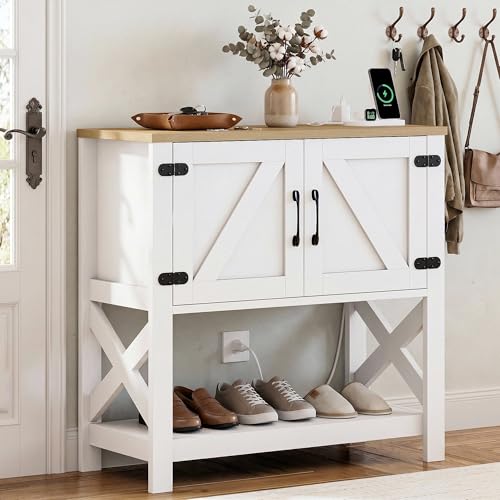 IRONCK 32-Inch Console Table with Storage, USB/ outlets Power Hub, Farmhouse White