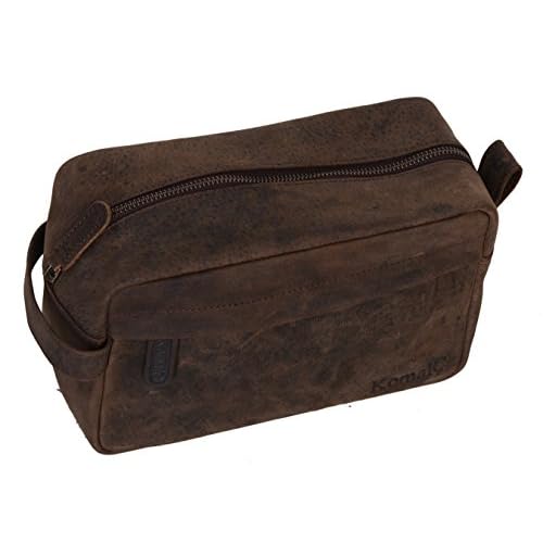 KomalC Genuine Buffalo Leather Unisex Toiletry Bag Travel Dopp Kit Vanity Bag Grooming Bag