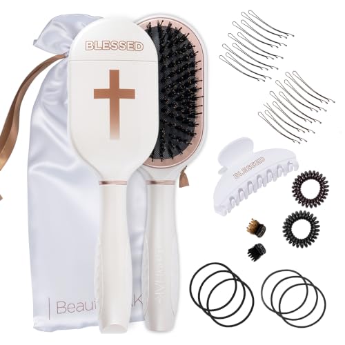 Blessed Anti-Static Hair Brush Set for Women with Boar & Nylon Bristles - Gift with Cross & Accessories - Variation of THIS listing
