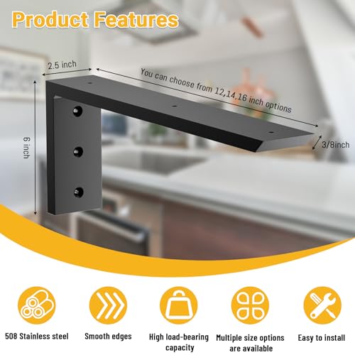 16 Inch Heavy Duty Countertop Support Bracket 4 Pack for Granite & Quartz - Black