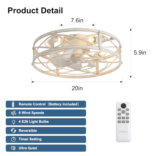 20-Inch White Gold Industrial Caged Ceiling Fan with Light & Remote