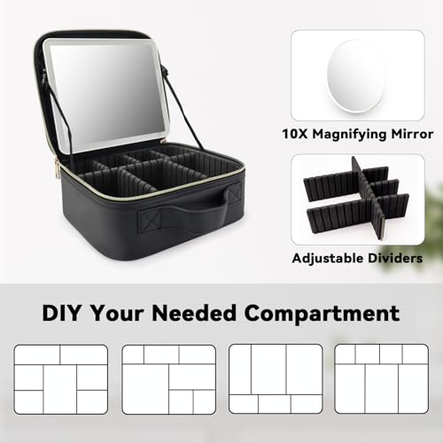 Travel Makeup Bag with LED Mirror & 10x Magnifying Glass - Black, Adjustable Dividers