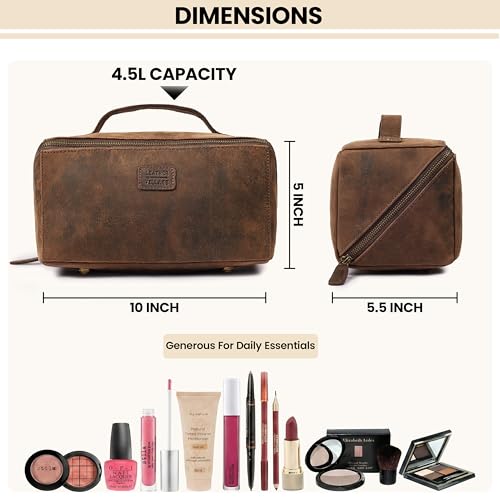 Distressed Brown Full Grain Leather Travel Cosmetic Bag for Women & Men