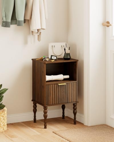 Walnut Small Wooden Nightstand with Drawer - Modern Fluted Design, Compact Bedroom Storage