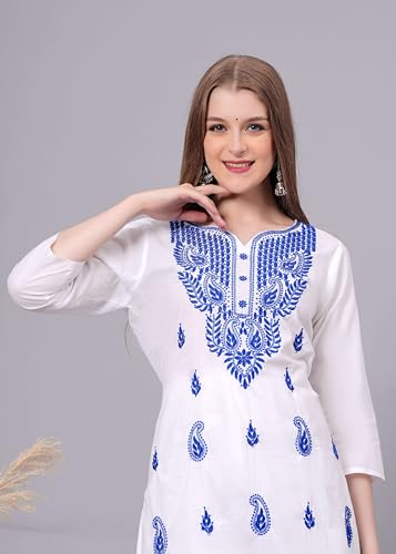 XX-Large Blue Traditional Chikankari Cotton Kurti for Women - Hand Embroidered Tunic
