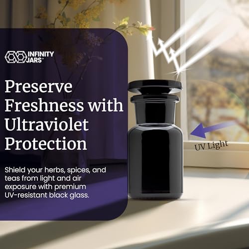 Infinity Jars 50?ml (1.69?fl?oz) Black Ultraviolet Blocking Glass Apothecary Jar Airtight Smell?Proof Refillable Container for Herbs, Spices, Tea & Essential Oils