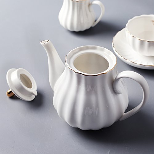 White Porcelain Royal Tea Set for 6 with Teapot Sugar Bowl & Strainer - 8 OZ Cups