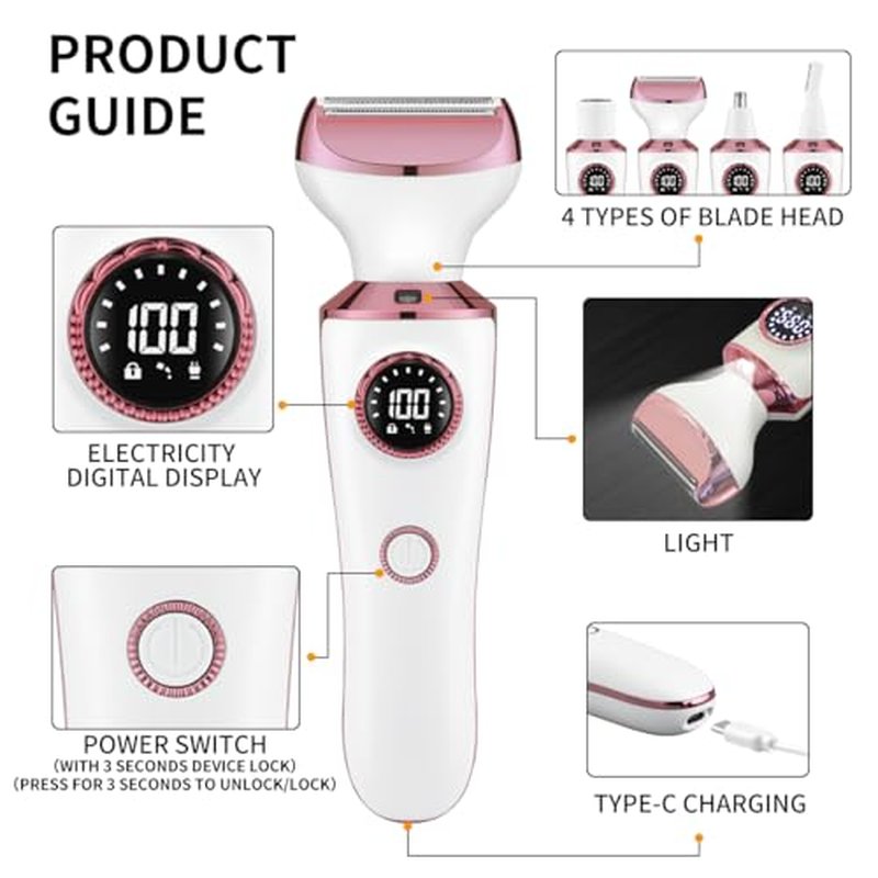4-in-1 Electric Razor & Bikini Trimmer for Women - Rechargeable Wet/Dry Body Shaver for Face, Legs, Underarms, Pubic Hair, IPX6 Waterproof with LED Light & Travel Lock