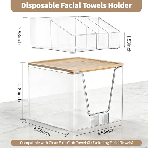 Clear 2 Pack Disposable Facial Towel Holder & Cosmetic Organizer with Bamboo Lid
