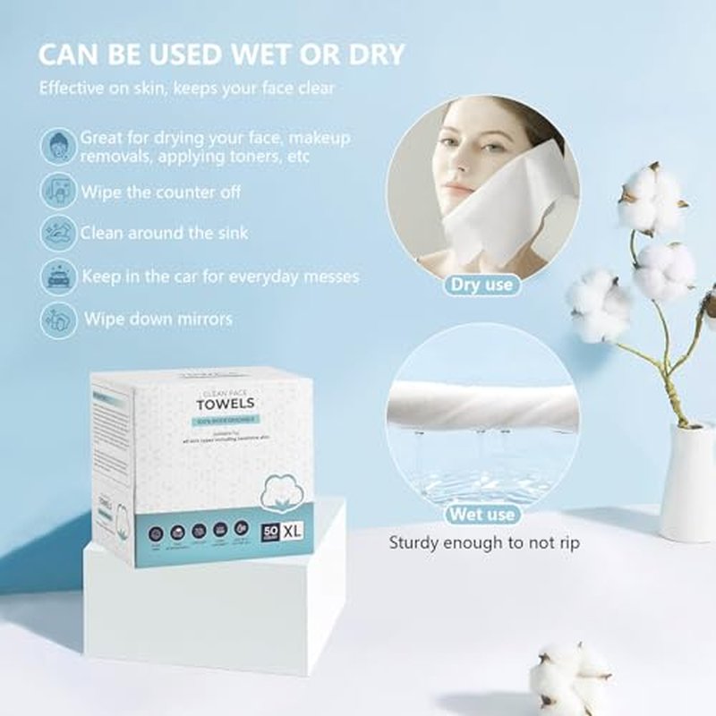 Disposable Face Towel - Face Towelettes XL, Soft&Comfortable Facial Towels Disposable,Thick Clean Towel for Sensitive Skin, Makeup Remover Dry Wipes Facial Washcloths 100 Count