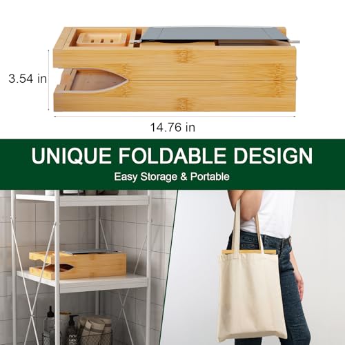 Bamboo Bathtub Caddy Tray Expandable for Luxury Bath, Bath Accessories & Table with Wine Glass Holder, Book Stand Bathroom Organizer with Extending Sides for Men/Women,Natural