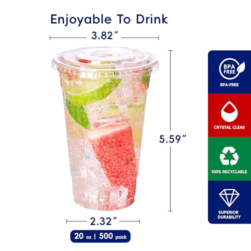 JOLLY CHEF 20oz Clear Plastic Cups with Flat Lids - 500 Pack, PET Disposable Drinkware Variation of THIS listing