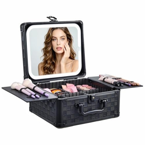 Black Checkerboard Makeup Bag with LED Mirror, Travel Organizer Case with 3-Color Light, 6 Dividers
