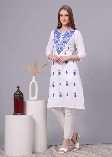 XX-Large Blue Traditional Chikankari Cotton Kurti for Women - Hand Embroidered Tunic