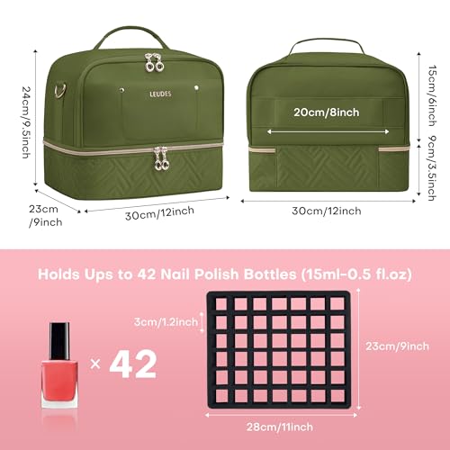 Leudes Army Green Nail Polish & Tool Organizer Bag Holds 42 Bottles